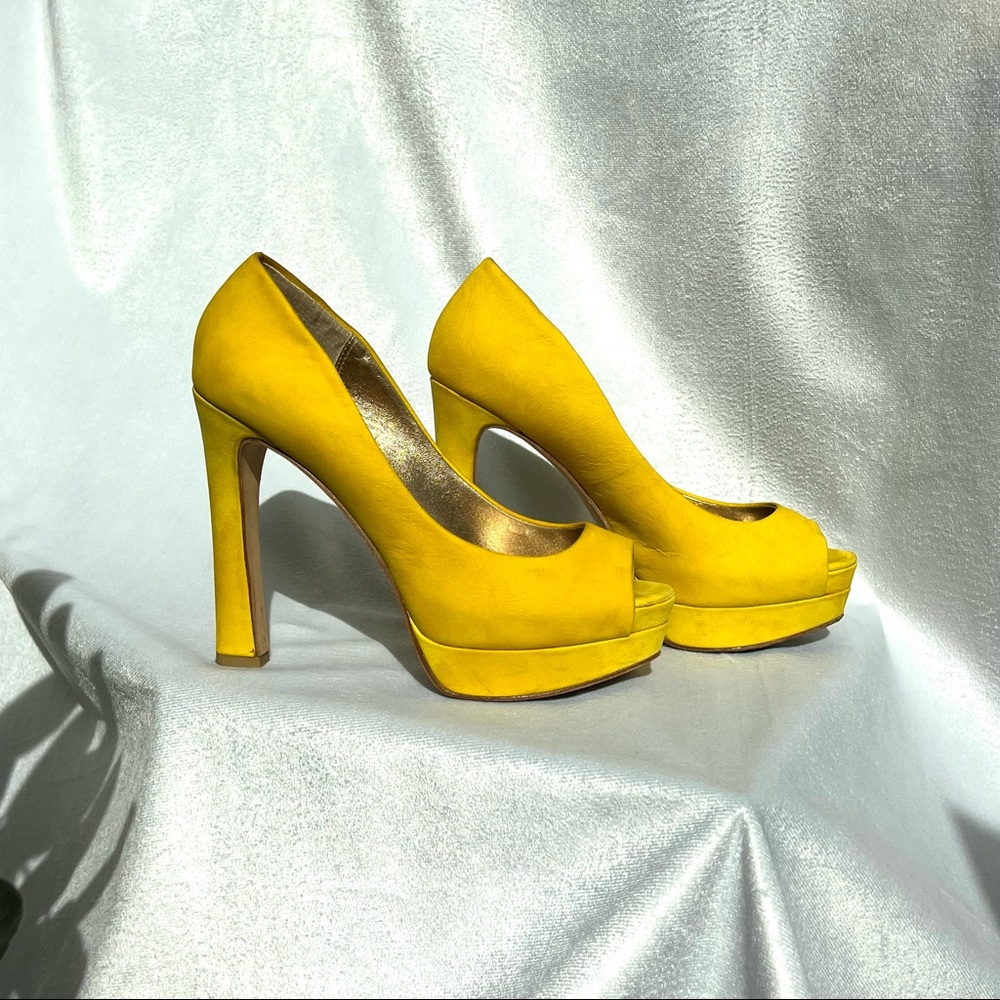 Mimosa Yellow Suede Peep Toe Heels - Picture 2 of 8